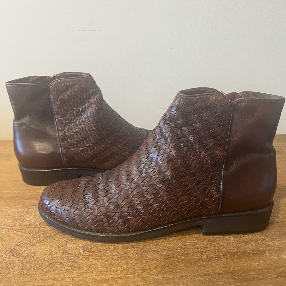 Cole Haan Emma Woven Leather Ankle Boots Booties Womens 10.5 B Brown Made Brazil